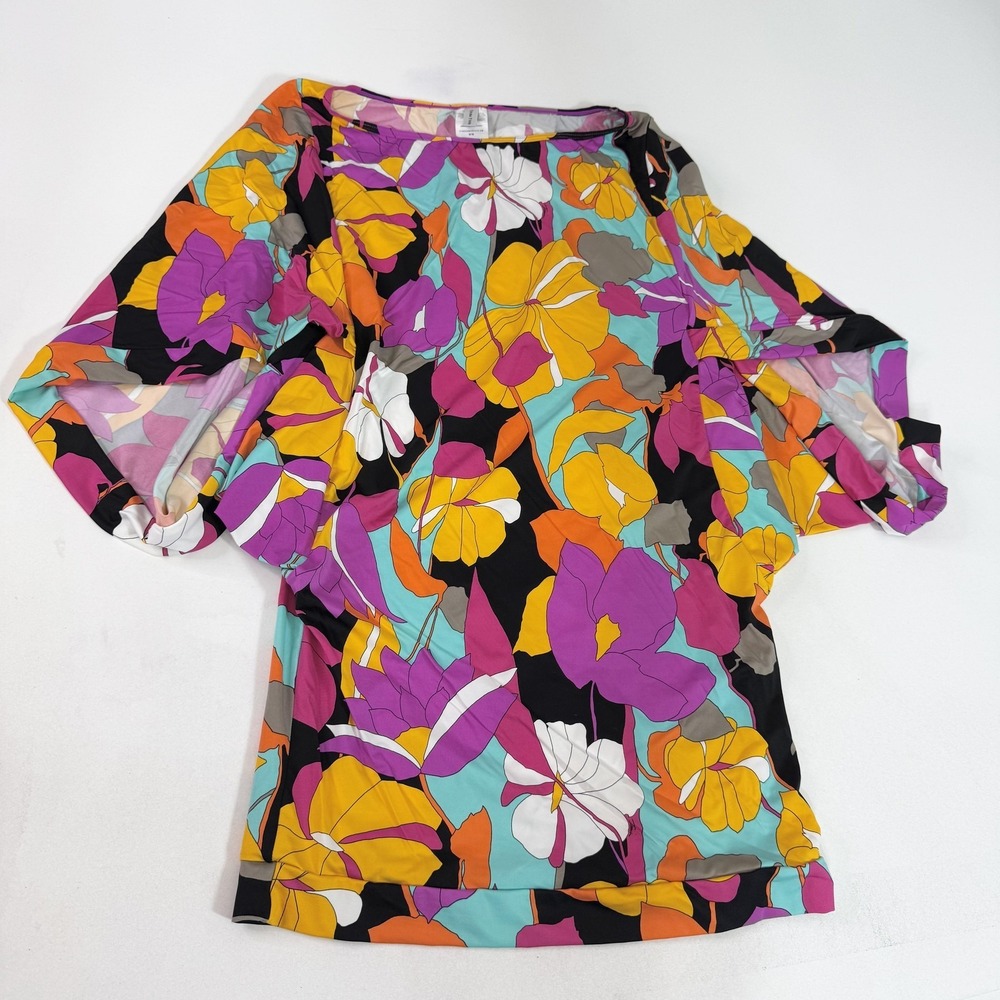 Trina Turk Shirt Womens Medium Black Multicolor Floral Batwing Sleeve Top